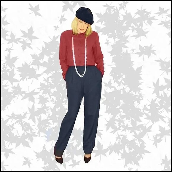 Cropped Jacket Jumpsuit Outfit, Navy & Burgundy One Piece VFG 80s Vintage - Picture 5 of 16